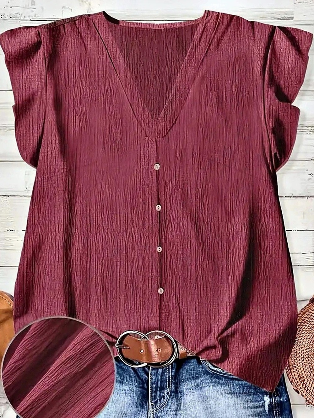 Flutter Sleeve V-Neck Blouse in Burgundy Like New